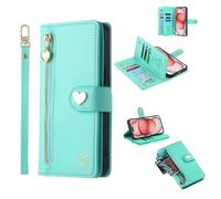 HAONANDE Flip Cover Per LG Velvet 4G / 5G, Custodia Pelle PU a Libro Portafoglio Antiurto donna Case Caso Con Motivo Cuore Cordino Slot per carte Supporto Stand Magnetica Ciano