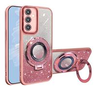 HAONANDE Magnetica Glitter Cover Per Samsung Galaxy S24, Custodia Bling Brillantini Carino Scintillante per Donne e Ragazze, Trasparente Case con Supporto ad anello Rosa