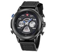 Haonb Orologi Da Polso Orologio Da Uomo Al Quarzo Da Esterno Con Quadrante Grande Cinturino In Pelle Impermeabile Con Doppio Display Elettronico Orologio Al Quarzo, Pulsante Blu Conchiglia Nera