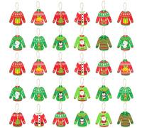 Haooryx 31pcs Natale brutto maglione appeso ornamenti in legno, maglione brutto, decorazione albero di Natale, ciondolo con corde per vacanze invernali Natale decorazione bomboniera forniture