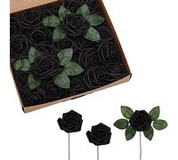 HAOSHICS 25 fiori artificiali, rose finte con gambo per bouquet da sposa, San Valentino, baby shower, feste, home office hotel, decorazione (nero)