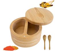 HAOTIAN-X Contenitore per sale con coperchio girevole a 2 scomparti con coperchio magnetico e 3 piccoli cucchiai di legno, contenitore per spezie da cucina, spezie, erbe, pepe o piccoli oggetti