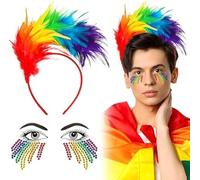 Haoyaru Gay Pride accessori per capelli, Arco - in cielo piuma fascia + fiocco - in cielo viso cristallo adesivo piuma fascia arco - cielo cosplay carnevale partito costumi costume fornisce
