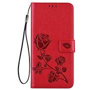 HAOYE Cover per Huawei Honor Magic 6 Lite / Magic6 Lite Cover, Custodia Chiusura Magnetica Flip Case Stile, Pelle PU/TPU Rose Sbalzato con Supporto di Stand/Carte Slot. Rosso