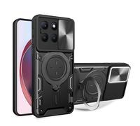 HAOYE Cover per Huawei Honor X6a con Porta Anelli Invisibile, Custodia con Copertura della Fotocamera Scorrevole, PC e Silicone TPU Case, Nero