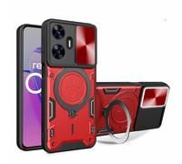 HAOYE Cover per Realme C55 con Porta Anelli Invisibile, Custodia con Copertura della Fotocamera Scorrevole, PC e Silicone TPU Case, Rosso
