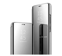 HAOYE Cover per Samsung Galaxy A34 5G, Premio PC/PU Custodia con Specchio, Smart View Mirror Flip Case, Clear View Standing Flip Cover con Supporto Pieghevole. Argento