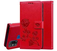 HAOYE Cover per Samsung Galaxy M31 Cover, Custodia Chiusura Magnetica Flip Case Stile, Pelle PU Rose Sbalzato con Supporto di Stand/Carte Slot. Rosso