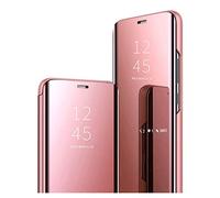 HAOYE Cover per Xiaomi 14T Pro 5G, Premio PC/PU Custodia con Specchio, Smart View Mirror Flip Case, Clear View Standing Flip Cover con Supporto Pieghevole. Oro Rosa