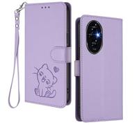 HAOYE Custodia Portafoglio per Huawei Honor 200 Pro, Design Gatto Carino, Cover in Pelle con Chiusura Magnetica, TPU Antiurto, Porta Carte & Supporto - Viola Chiaro
