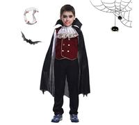 HAOZHENF Costume Vampiro per Bambino Ragazzo, Vestito da Dracula Gotico per Halloween e Carnevale - Set Cosplay Completo con Mantello e Denti da Vampiro per Bambini, Ragazzi e Feste