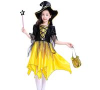 HAOZHENF Vestito Halloween Bambina, Costume Strega Bambina, Set Completo da 4 Pezzi per Halloween con Vestito Glitter con Cappello, Bacchetta e Borsa - Costume di Halloween e Carnevale