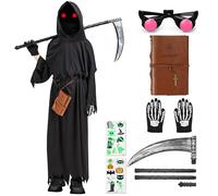 Haozozo Costume Halloween Bambino,Costumi Halloween Bambini Da Mietitore Con Occhiali Luminosi, Taccuino, Falce E Guanti Da Teschio - Costume Morte Bambino (9-10 anni)