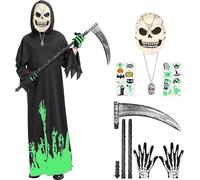 Haozozo Costumi Halloween Bambini, Costume Mietitore Bambino Completo a Tema Morte, Composto Da Tuta Fluorescente,Maschera In Lattice Fluorescente a Forma di Teschio, Guanti e Falce. (5-8 anni)
