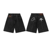 HAOZYUN Pantaloncini in Denim Nero E Blu, Pantaloni Casual Cinque Quarti di Distressed Vintage Ricamati A Stella, Pantaloncini da Pendolare Casual-Color-2||XL