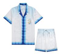 HAOZYUN Retro Estate Traspirante Fresco Peplum Quotidiano Casual Suit Trendy Spiaggia Manica Corta Fiore Camicia Coppia Pantaloncini Suit Due Pezzi-COLOR-7||l