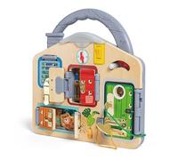 Hape Activity Board Multicolore | Gioco educativo 3-6 Anni | Busy Board in Legno con Porte, Serrature e Chiusure | Senza batterie