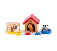 Hape Animali Domestici per la casa delle bambole | Set Cane, Gatto, Coniglio | Con cucce e ciotole