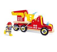 Hape Camion dei pompieri con illuminazione e sirena, con personaggio del pompiere - auto giocattolo - camion dei pompieri con scala girevole e accessori - in legno, giocattolo a rulli per bambini dai