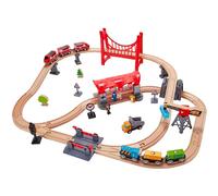 Hape Pista Città Trafficata - Oltre 50 pezzi con trenini a spinta, personaggi, gru e passaggio a livello compatibile per gioco ferroviario dai 3 anni in su