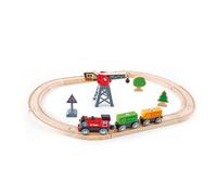 Hape Pista con trenino a batteria e gru - Include 10 binari in legno dritti e curvi per pista ad anello, Locomotiva n. 1 rossa e gru con magnete per bambini dai 3 anni