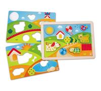 Hape Puzzle 3 in 1 in Legno - Pepe e i Suoi Amici, Gioco Educativo con Tre Scenari per Bambini