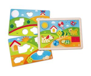 Hape - Puzzle 3 in 1 in Legno - Pepe e i Suoi Amici, Gioco Educativo con Tre Sce