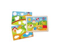 Hape Puzzle 3 in 1 in Legno - Pepe e i Suoi Amici, Gioco Educativo con Tre Scenari per Bambini