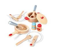 Hape - Set Cucina & Servi in legno da 13 pezzi | Pentola, Casseruola di Legno, Piatti e Posate Realistici per gioco di ruolo cucina Bambini 3+