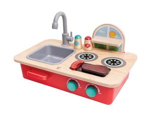 Hape Set da gioco da tavolo in legno da cucina - Cook & Create giocattolo | Mini stufa in legno con suoni gorgoglianti, rubinetto girevole per lavello, lavagna, padella, spatola e accessori per