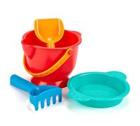 Hape - Set di Base per Gioco in Spiaggia - Setaccio, Secchiello, rastrello e Paletta Multicolore per Bambini dai 18 Mesi in su