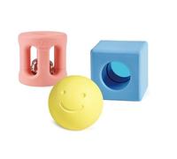 Hape - Set sonagli geometrici per bebè 0+ | 3 giocattoli musicali per la dentizione a base di riso giapponese ecologico e atossico