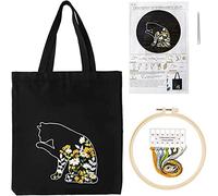 Hapihom Kit da ricamo per principianti con borsa da vela, telaio da ricamo, fili, aghi, fai da te, borsa per il trasporto nera, set con simpatici motivi di gatto e fiori e istruzioni (lingua italiana