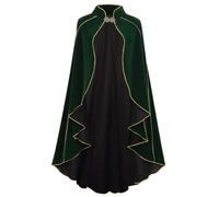 HAPNBCELE Mantello da donna in velluto con cappuccio, stile rinascimentale medievale, con cappuccio, mantello per Halloween, con chiusura ad anello in metallo (bordo arricciato verde, 110 cm)
