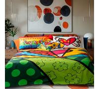 Happidea Romero Britto,Copripiumino e Federe, Singolo, 100% Cotone, Made in Italy, Disegno Heartbeat, Cuore, Sacco Copripiumino 155x200Cm+40Cm Patella + 1 Federa 50x80Cm + Fodera Cuscino Arredo