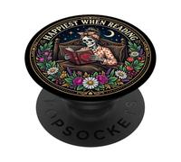 Happiest When Reading Book Goth Skeleton Horror Bookish PopSockets PopGrip Adesivo