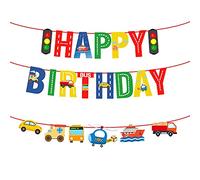 Happium - Festone di buon compleanno, per auto, autobus, treno, aereo, nave, elicottero, semaforo, foto, per bambini, festa di compleanno, baby shower, decorazione forniture