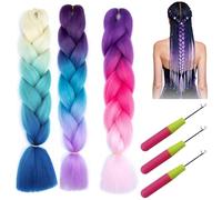 HAPPOW 3 extension per capelli sintetici Ombre Colors da intrecciare, 24 pollici, 100 g, con 3 grandi uncinetti, per capelli intrecciati (blu viola)