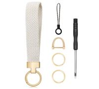 Happtkey Portachiavi Elastico da Polso, Lacciolo Intrecciato Elastico Dotato di Due Anelli Portachiavi e un Anello a Forma di D, Lacciolo da Polso Tessuto Adatto per Donne e Uomini (Bianco Sporco)