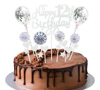 Happy 12th Birthday Cake Topper per Ragazzo e Ragazza - Argento Con Cuore, Stella, Palloncino - Glitter Decorazione Torta per il 12° Compleanno