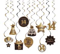 Happy 14th Birthday Party Hanging Swirls Streams Ceiling Decorations, Celebration 14 Foil Hanging Swirls with Cutouts for 14 Years Old Black and Gold Birthday Party Decorations Supplies
