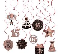 Happy 15th Birthday Hanging Swirls Streams Soffitto Decorazioni, Celebrazione 15 Volteggi da appendere con ritagli per 15 anni Oro rosa Decorazioni per feste di compleanno Forniture