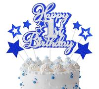 Happy 1st Birthday Cake Topper Happy Birthday Decorazione per Torta Decoración para Tarta de 1 Cumpleaños con Glitter Personalizzati per Torte per il Primo Compleanno (Argento Blu)