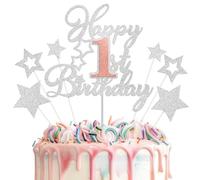 Happy 1st Birthday Cake Topper Happy Birthday Decorazione per Torta Decoración para Tarta de 1 Cumpleaños con Glitter Personalizzati per Torte per il Primo Compleanno (Rosa Argento)