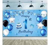 Happy 1st Birthday Sfondo Banner Blu Neonato Ragazzi Primo Compleanno Sfondo Fotografia per il 1° Compleanno Baby Shower Party Decorazioni Forniture 180 x 100 cm