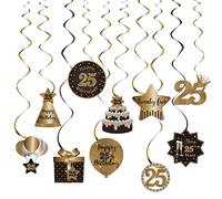 Happy 25th Birthday Party Hanging Swirls Streams Ceiling Decorations, Celebration 25 Foil Hanging Swirls with Cutouts for 25 years old black and gold Birthday Party Decorations Supplies