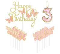 Happy 3rd Birthday Butterfly Candles Cake Topper, rosa oro numero 3 candela per torta, decorazioni per torta di compleanno per ragazze, farfalla rosa 3° compleanno, decorazione per torta di 3°