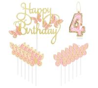 Happy 4th Birthday Butterfly Candles Cake Topper, rosa oro numero 4 candela per torta, decorazioni per torta per il 4° compleanno, farfalla rosa, decorazione per torta per 4° compleanno, per feste a