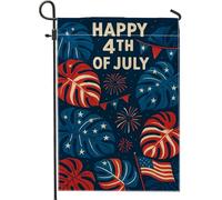 Happy 4th of July Garden Flag, Blue Red Tropical Leaves Lawn Decor, Double Sided Patriotic Banner, Summer Independence Day Outdoor Decoration 30,5 x 45,7 cm