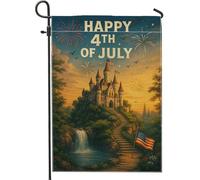 Happy 4th of July Garden Flag, colorato castello e fuochi d'artificio decorazione per esterni, striscione su entrambi i lati in iuta per prato, festa estiva, decorazione per cortile, 30,5 x 45,7 cm